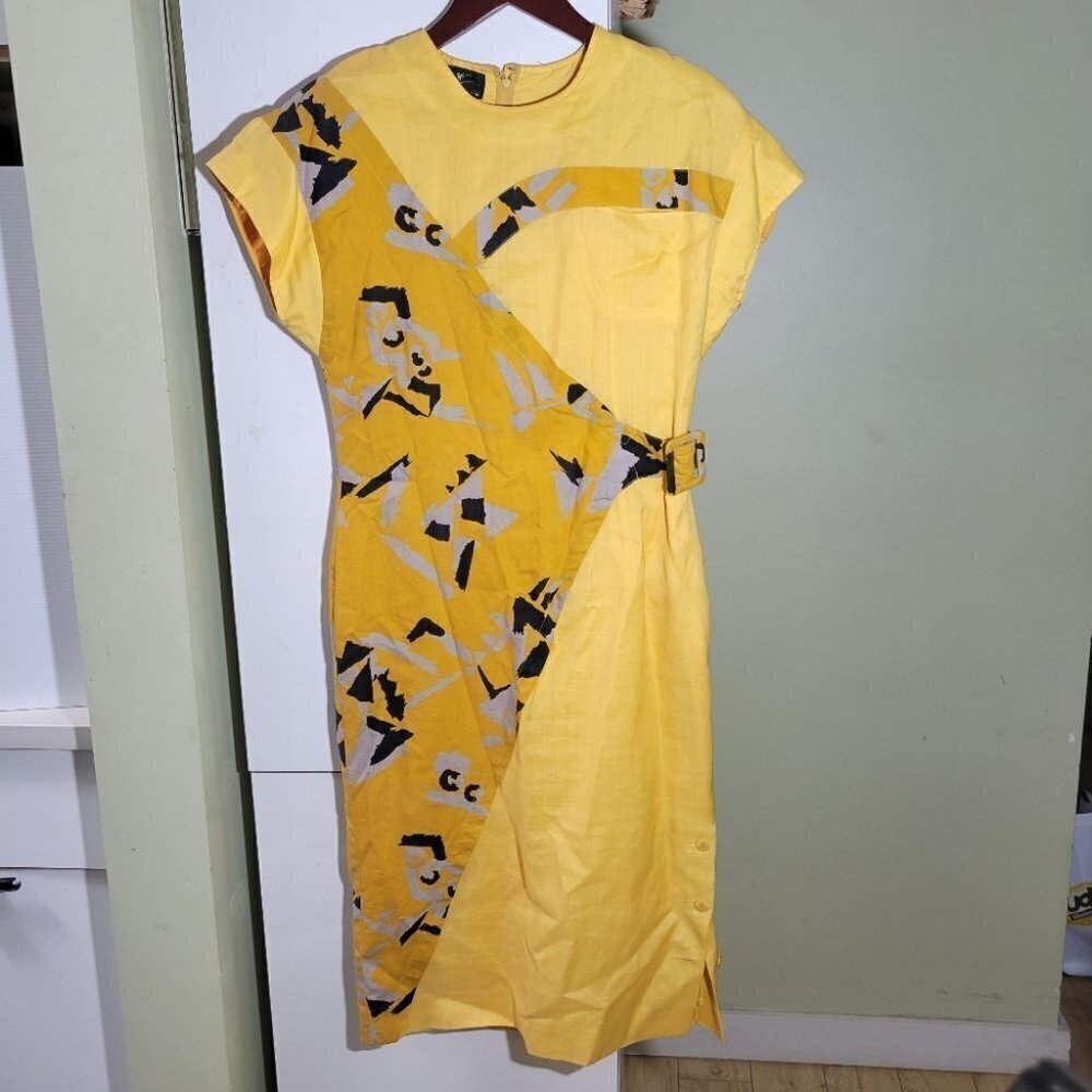Vintage retro abstract midi dress yellow cotton linen blend size 36 small medium